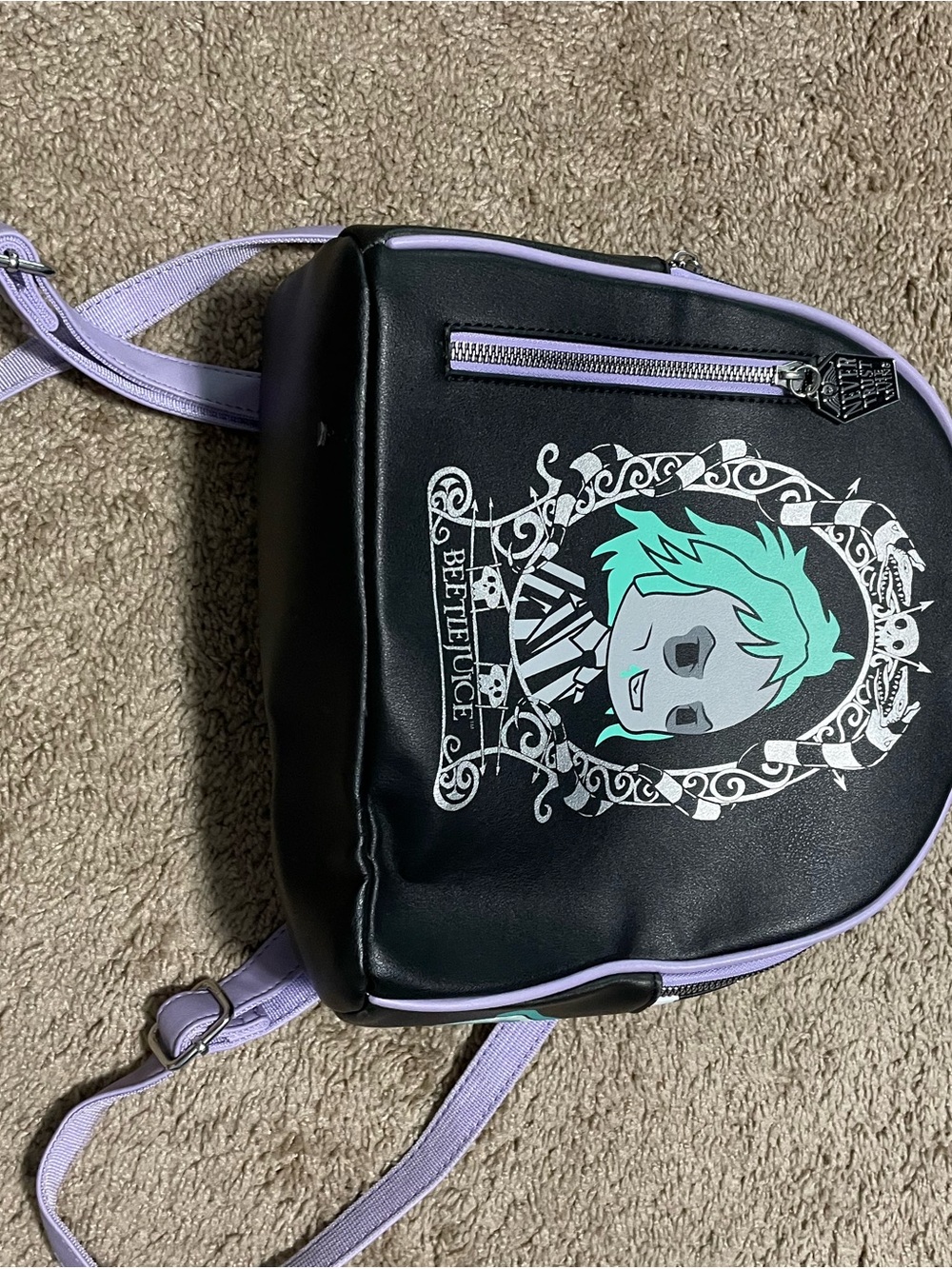 Beetlejuice Graphic Black Mini Backpack with Mint Hair and Lavender Trim